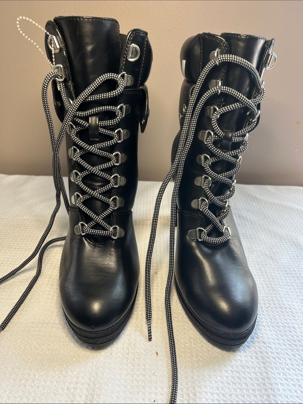 DKNY Black Lace-Up Platform Combat Boots with Contrast Round Laces